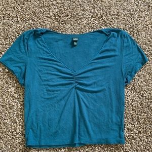 blue v neck stretchy blouse